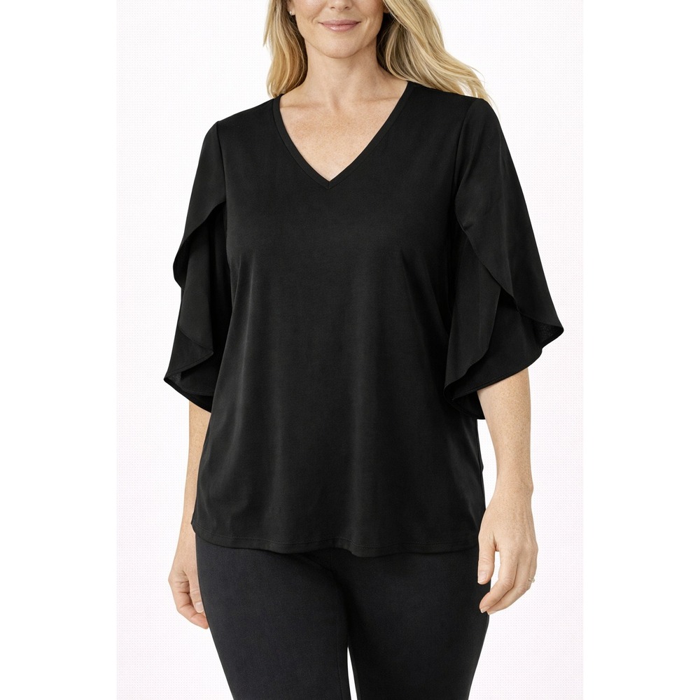 Women's Black Flutter‎ Sleeve V-Neck Blouse Short Sleeve Dressy Classic Work Top